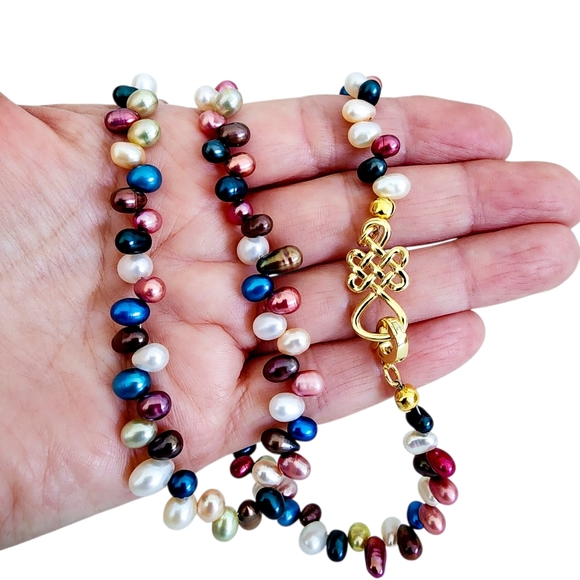 Multi Color Pearl Necklace Eternal Love Knot 18k Gold Plate Clasp A0365 Q7 - Picture 8 of 9